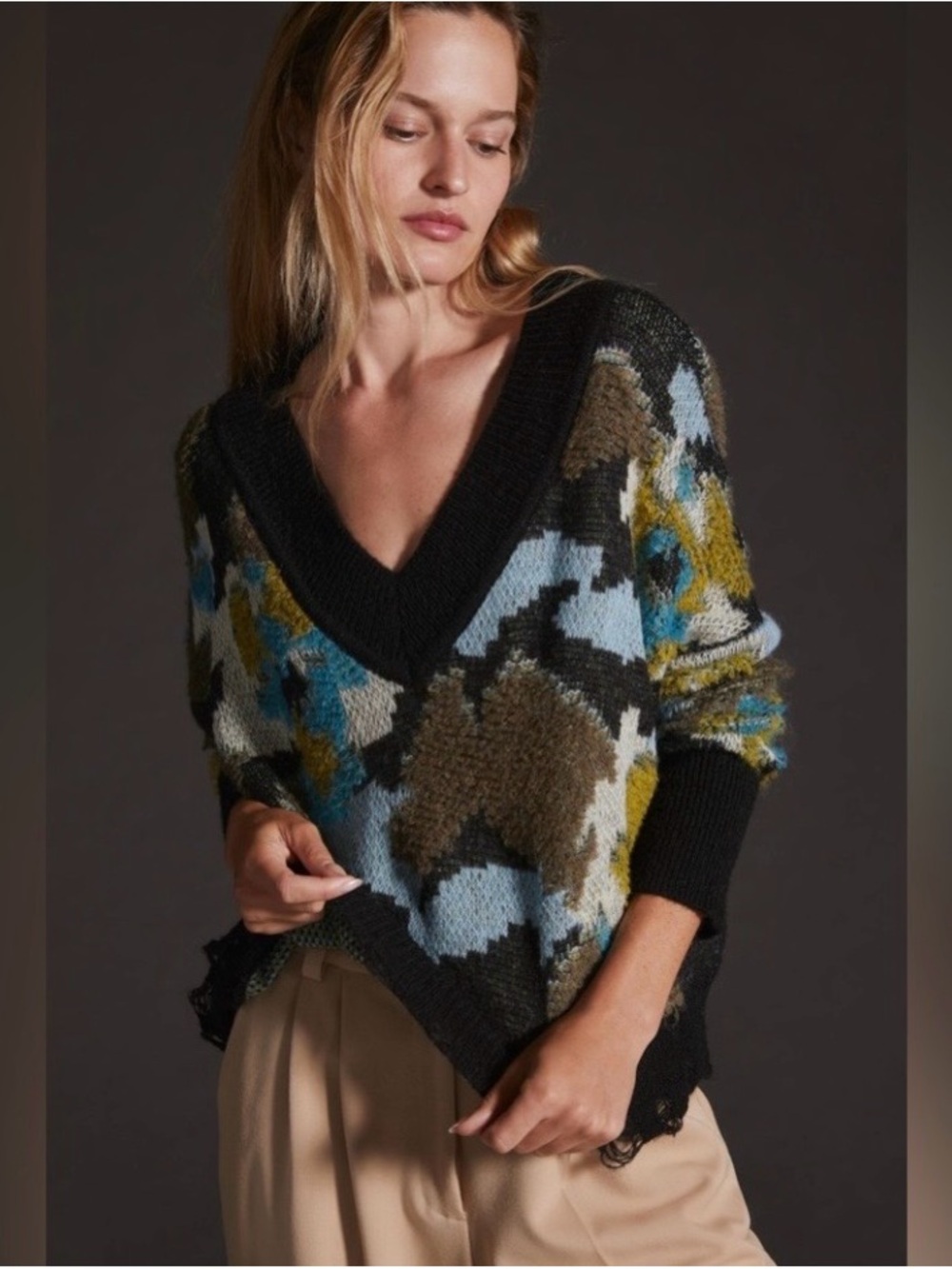 Anthropologie V-Neck Abstract Pattern Sweater in Black, Blue & Olive. Size M